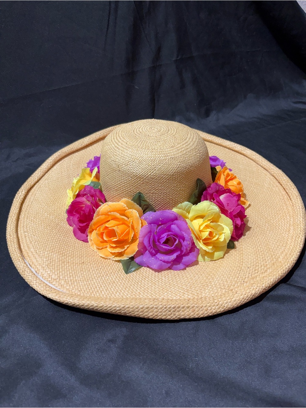 Wide-Brim Straw Sun Hat with Purple, Orange & Yellow Floral Trim